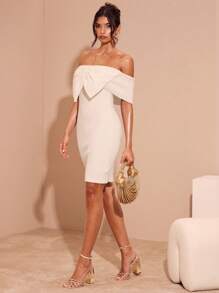 Glamine Đầm dệt kim nhẹ nhàng thanh lịch thắt nơ trễ vai cho nữ - trắng - Xem 5