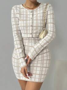 Chiquease 女士格子长袖夹克和短款吊带裙套装 - 杏色 - 查看 6