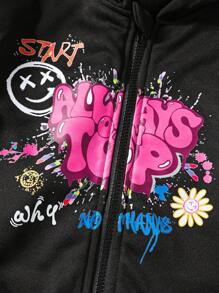 SHEIN Tween Girl 3pcs Hoodie Sweatshirt With Front Print - Black - View 4