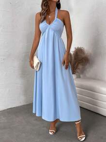 SHEIN LUNE Women's Sleeveless Backless Solid Color Dress - Blue - View 3