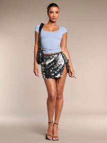 SHEIN BAE Váy mini sequin xẻ tà gợi cảm cho nữ, váy cocktail ngắn - màu đen - Xem 3