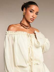 SHEIN BAE 女式露肩喇叭袖荷叶边下摆连衣裙，早午餐女装，秋季女装，茶会礼服 - 卡其色 - 查看 5