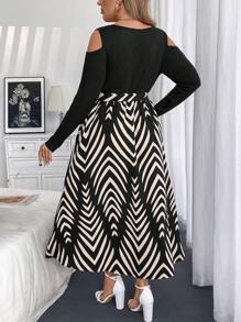 Celure Plus Size V-Neck Long Sleeve Black Patchwork Floral Print Dress Fall Cloth For Women