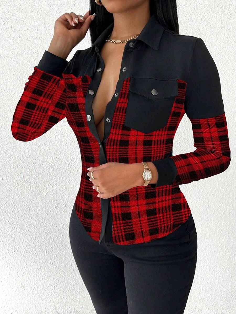 EMERY ROSE Áo sơ mi dài tay cài nút họa tiết kẻ caro cho nữ, áo cánh cho trang phục năm mới - Đỏ - Xem 1