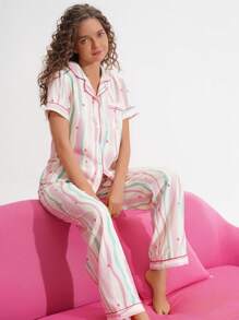 Chillnights Women's Colorful Striped Bubble Crinkle Casual Pajama Set Holiday Season