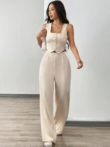 SHEIN EZwear 2 件套女士杏色方领无袖开衫上衣和休闲宽松阔腿裤套装 - 杏色 - 查看 3