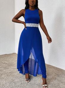 Zolique 女士撞色网眼无袖连身裤 - 藍色 - 查看 6