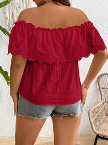 SHEIN Clasi Plus Size Women's Off-Shoulder Ruffle Collar Red Elegant Blouse, Suitable For Summer Vacation - Burgundy - View 2