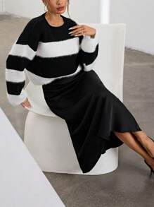 Aveloria Suéter holgado de moda casual con rayas aleatorias y contraste de color