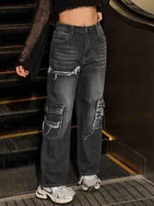 Y2K Style Distressed Pockets Casual Straight Leg Jeans For Teens - Black - View 1