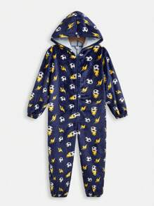 SHEIN Leap Crew Bộ đồ ngủ dài tay in hình bóng bầu dục có mũ trùm đầu nửa khóa kéo dành cho bé trai tuổi mới lớn - Màu xanh hải quân - Xem 1