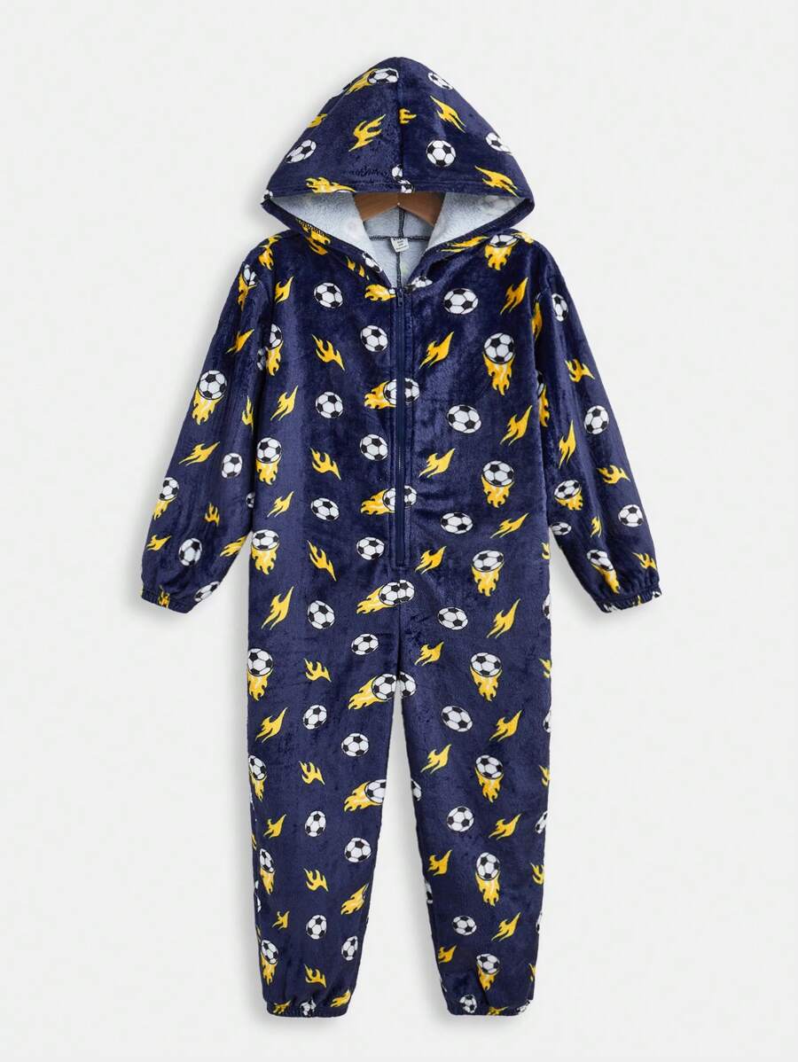 SHEIN Leap Crew Tween Boy 双面羊毛连帽半拉链足球印花长袖长裤睡衣套装 - 藏蓝色 - 查看 1