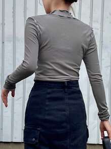 FRIFUL Women's Fitted Contrast Piping T-Shirt Long Sleeve Women Tops - Grey - View 5