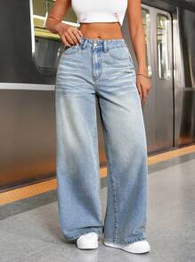 SHEIN EZwear 1pc Women's Denim Pants With Detachable Lace Hem Skirt, Blue - Multicolor - View 6