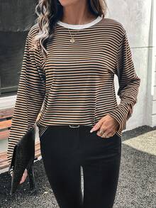 SHEIN LUNE Áo thun nữ sọc dài tay cơ bản đơn giản có cổ tương phản - Nhiều màu - Xem 4