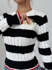 Chiquease Damen Lässig Farbblock Streifen Strickpullover, Frühling/Herbst, Strickpullover Herbst Winter - Schwarz und Weiss - Übersicht 8