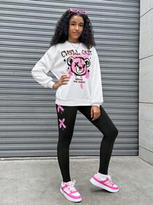 SHEIN SLAYR KIDS Teen Girls White Crew Neck Teddy Bear Graffiti Print Loose Sweatshirt And Casual Active Pants 2 Piece Set - Black and White - View 4