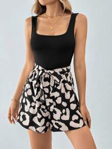 SHEIN Tall Summer Women's Square Neck U-Neck Splice Printed Casual Vacation Romper