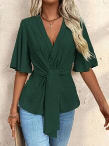 Chiquease Solid V-Neck Crossed Wrap Asymmetric Hem Short Sleeve Blouse - Dark Green - View 4