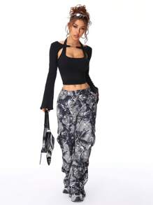 SHEIN EZwear Women's Fall/Winter Y2K Rib Knit 2 In 1 Flare Long Sleeve Tops - Black - View 3