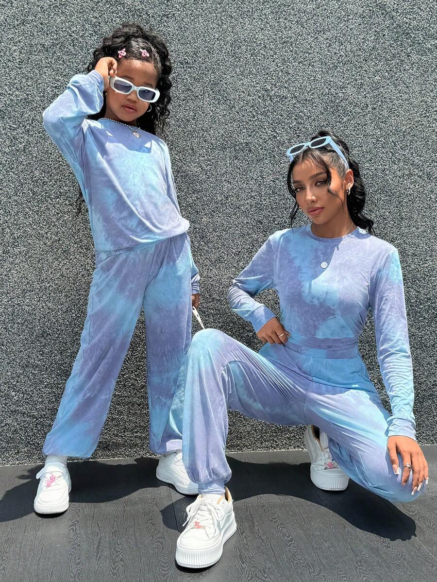 SHEIN Essnce Women's 2pcs Women's Tie Dye Crew Neck Long Sleeve Top And Pants Casual Set Street-Style Tie Dye Knit Crew Neck Long Sleeve Sweatshirt & Long Pants Sibling/Matching Outfits (Sold Separately) - Multicolor - View 1