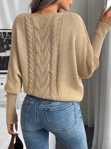SHEIN LUNE Women Crew Neck Long Sleeve Bat Wing Casual Loose Textured Back Oversized Sweater - Khaki - View 1