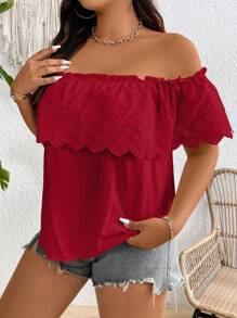 SHEIN Clasi Plus Size Women's Off-Shoulder Ruffle Collar Red Elegant Blouse, Suitable For Summer Vacation - Burgundy - View 4