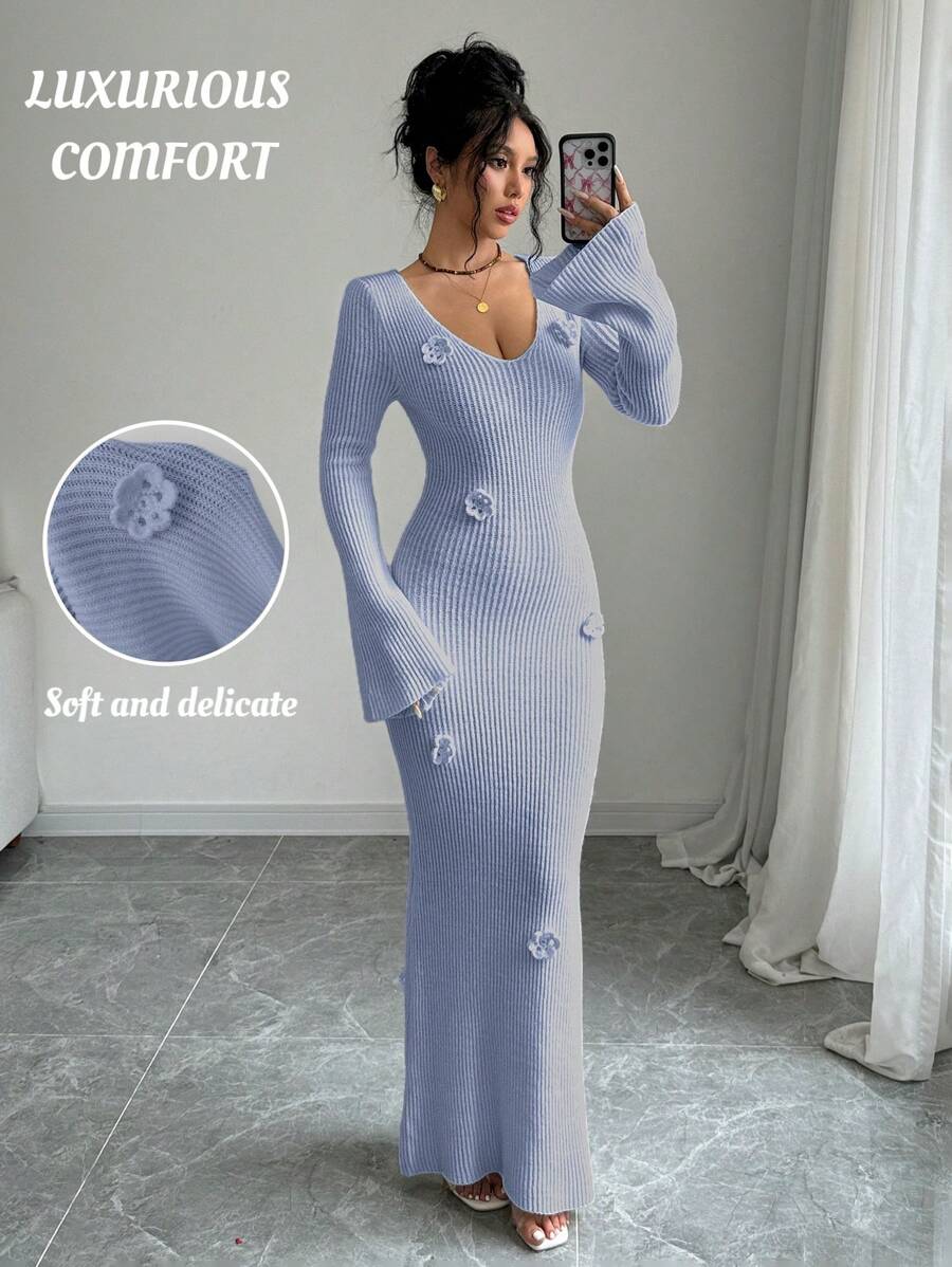 Selianne 女士 3D 花卉装饰长袖毛衣连衣裙