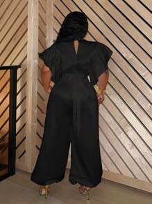 Slaydiva 休闲高端大码女式缎面荷叶边袖哈伦裤两件套 - Z