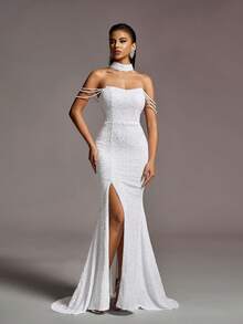 Faeriesty Wedding Dress Bridal Gown – Strapless Sweetheart Neckline With Cascading Beaded Chain Embellishments, Thigh-High Slit & Elegant Mermaid Train For Bridal Ceremonies, Church Weddings, Formal Galas, Evening Receptions, Luxury Red-Carpet Events,Bride