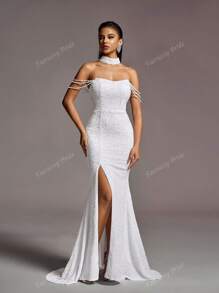 Faeriesty Vestido de novia - Escote corazón sin tirantes con adornos de cascada de cadena de cuentas, abertura hasta el muslo y elegante cola de sirena para ceremonias nupciales, bodas en la iglesia, galas formales, recepciones nocturnas, eventos de alfombra roja de lujo, novia