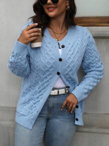 Plus Size Enfärgad främre knapp långärmad casual topp, för vintern