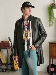 Manfinity VCAY Men's Loose PU Leather Long Sleeve Trench Coat, For Fall Winter - Black - View 2