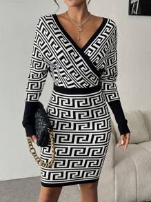 SHEIN Clasi Women V-Neck Long Sleeve All-Over Print Fitted Elegant & Charming Jacquard Sweater Dress - Black and White - View 5