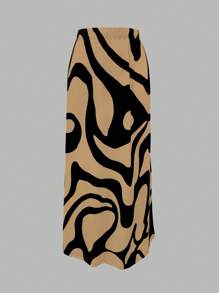 Chiquease 女士优雅斑马纹高腰喇叭 A 字形休闲长裙女装 - 卡其色 - 查看 3