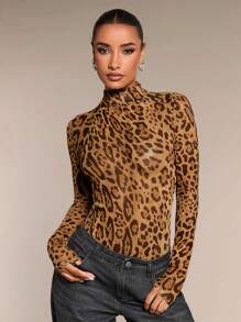 SHEIN BAE Women's Fall Women Clothes Leopard Print Stand Collar Long Sleeve Slim Bodysuit,Animal Print Top,Leopard Costume - Brown - View 3