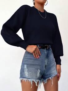 SHEIN Cottnline Women's Drop Shoulder Round Neck Sweater - Navy Blue - View 4