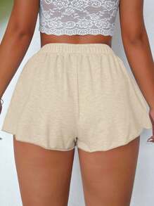 VaVaBold 女士纯色简约褶皱短裤，休闲日常穿着 - 卡其色 - 查看 2