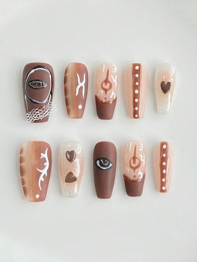 Grunge Punk 10pcs Fall Punk Style Hand-Painted Nail Stickers + 3pcs Double-Sided Adhesive, Desert-Themed DIY Nail Art Stickers, Personalized Design For Daily Wear & Party