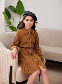 Tween Girl 春秋长袖纯色休闲荷叶边下摆衬衫裙 - 摩卡棕 - 查看 4
