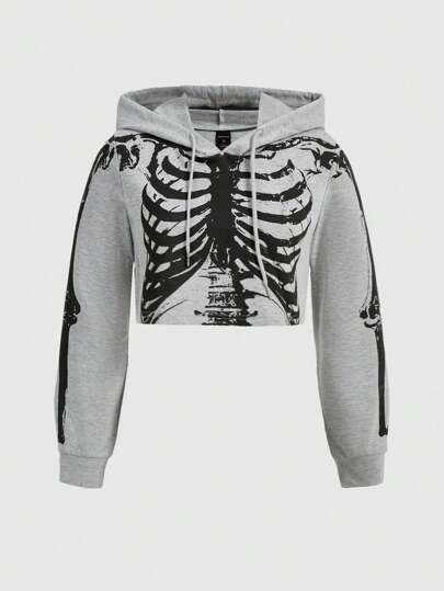 Grunge Punk Plus Size Women Skull Skeleton Print Hooded Sweatshirts, Fall/Winter
