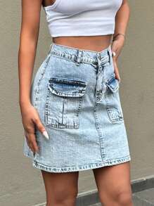 SHEIN Cottnline Women Denim Comfort Cargo Mini Skirt - Medium Wash - View 3