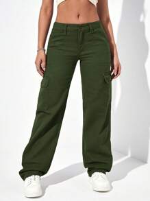 EURMUSE Solid Flap Pocket Cargo Jeans