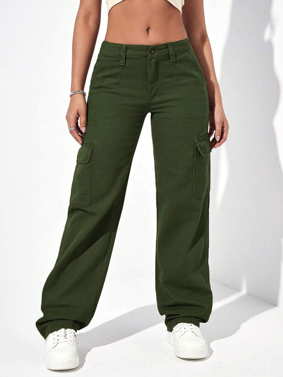 EURMUSE Solid Flap Pocket Cargo Jeans