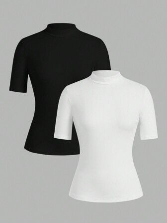 SHEIN EZwear 2 pezzi/set, magliette a maniche corte casual a collo alto nere e bianche per donne taglia forte, adatte per autunno/inverno