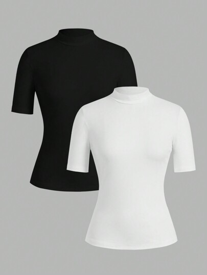 SHEIN EZwear 2 件套女式高领修身长 3/4 袖打底 T 恤套装，适合秋季过渡