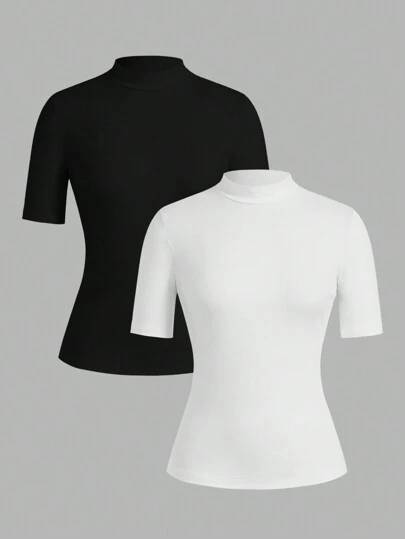 SHEIN EZwear 2pcs/Set Plus Size Women Casual High Collar Black & White Short Sleeve T-Shirt, Suitable For Autumn/Winter, Spring Break