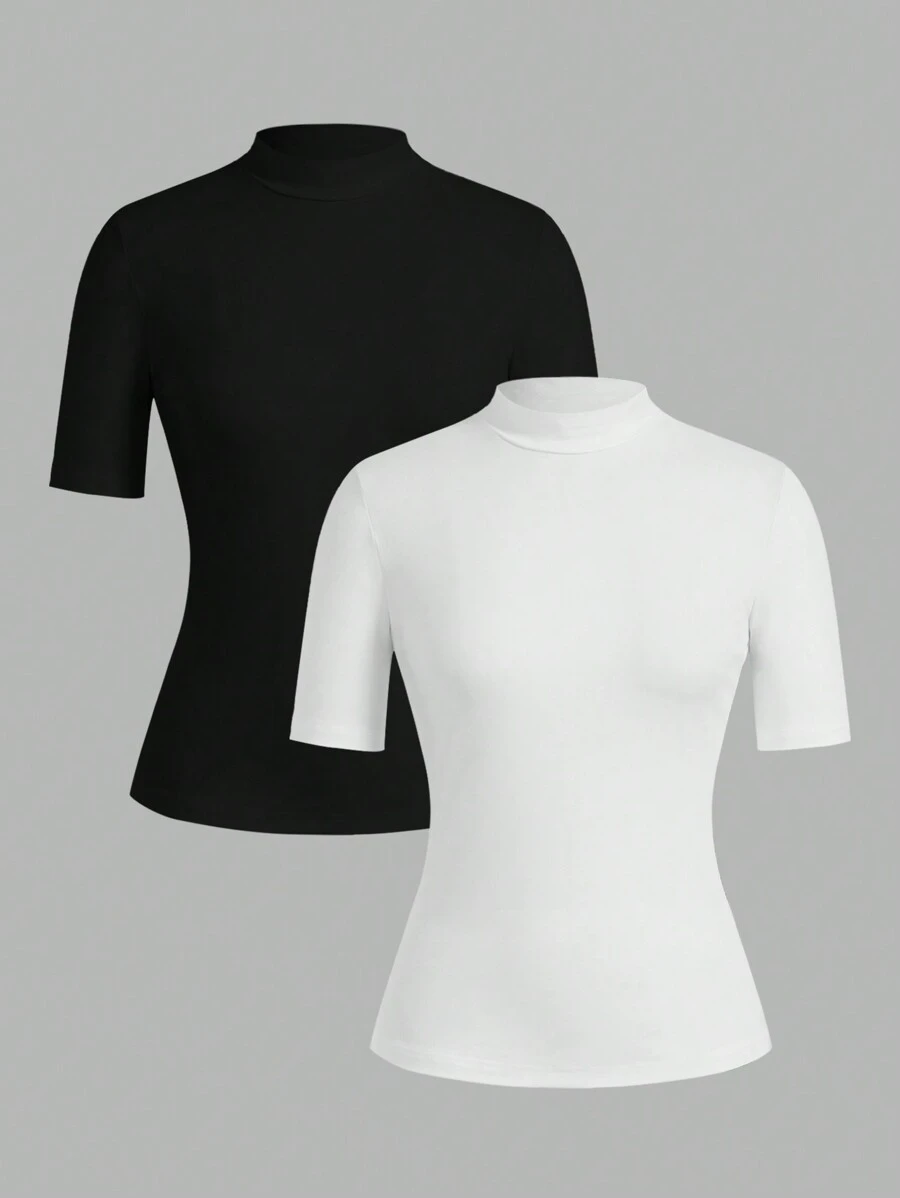 SHEIN EZwear 2件套女士高领修身长袖打底T恤套装，适合秋季过渡季节外出穿着 - 黑與白 - 查看 1