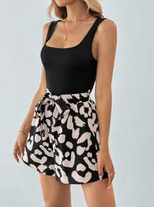 SHEIN Tall Summer Women's Square Neck U-Neck Splice Printed Casual Vacation Romper