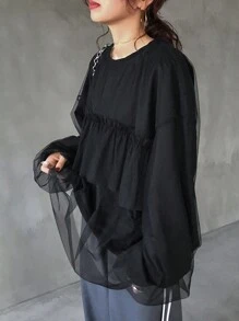 FRIFUL Women's Crew Neck Mesh Contrast Long Sleeve Casual Loose Blouse,Ruffle Sheer,Back To School Clothes - Black - View 6